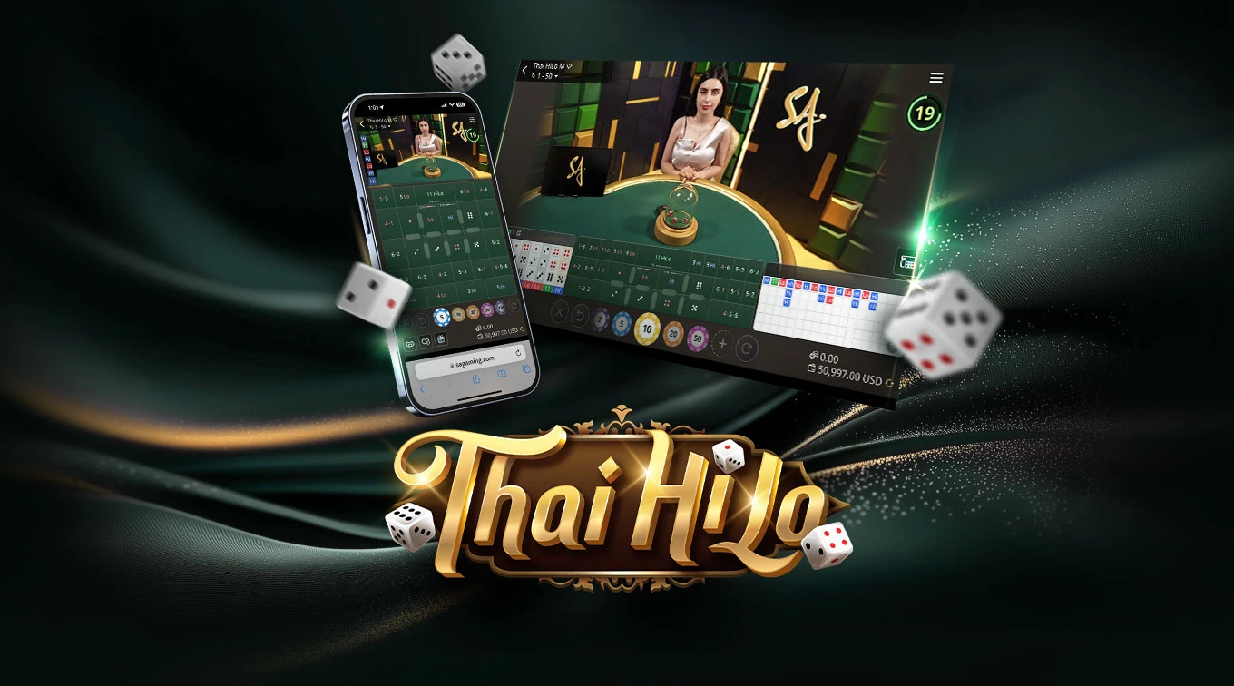 Image for an online Thai HiLo game featuring a dealer at a gaming table on the right and a mobile interface on the left. The text 'Thai HiLo' is prominently displayed at the bottom, accompanied by 3 dice.